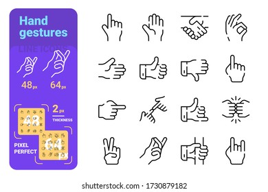 Hand gestures line icons set vector illustration. Collection of like, dislike, ok, greeting, snapping fingers symbols pixel perfect. Isolated on white background