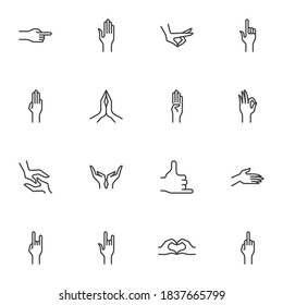 Handgesten Linien-Icons Set, Umriss Vektorsymbol-Sammlung, lineares Piktogramm-Paket. Zeichen Logo-Illustration. Set enthält Symbole wie Mittelfinger-Zeiger, Herzform, Beten von Händen, Berühren
