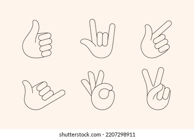 Hand Gestures Line Icons Set in Trendy Minimal Style . Abstract Vector Illustration Palms in Different Signs: Victory, Shaka, Ok, Thumb Up, Pointer, Horn for Creating Logo, Web and Ui Design