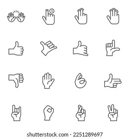 Hand gestures line icons set, outline vector symbol collection, linear style pictogram pack. Signs, logo illustration. Set includes icons as two finger touch, thumb up, hand peace gesture