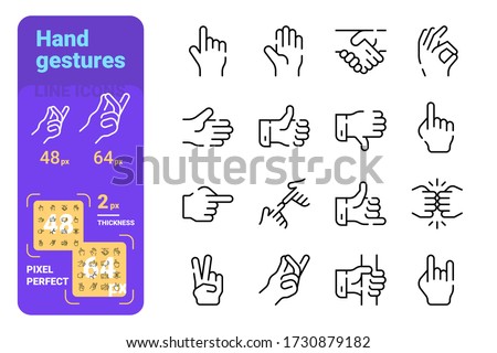 Hand gestures line icons set vector illustration. Collection of like, dislike, ok, greeting, snapping fingers symbols pixel perfect. Isolated on white background