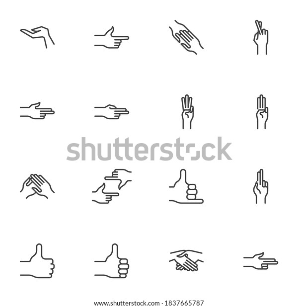 Hand gestures line icons set, outline vector\
symbol collection, linear style pictogram pack. Signs, logo\
illustration. Set includes icons as index, thumb up, three finger\
up, framing hands,\
handshake