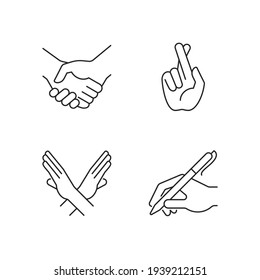 Hand gestures linear icons set. Business deal, handshake. Crossed arms and fingers. Body language. Customizable thin line contour symbols. Isolated vector outline illustrations. Editable stroke