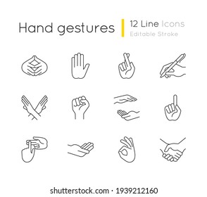 Hand gestures linear icons set. One finger - Pointing. Hand writing with pen. Counting on fingers. Customizable thin line contour symbols. Isolated vector outline illustrations. Editable stroke