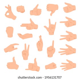 Hand gestures. Male hands with various signs. Ok, victory and like, dislike. Counting fingers, holding arm flat isolated vector set. Pointing finger, showing numbers and direction with forefinger