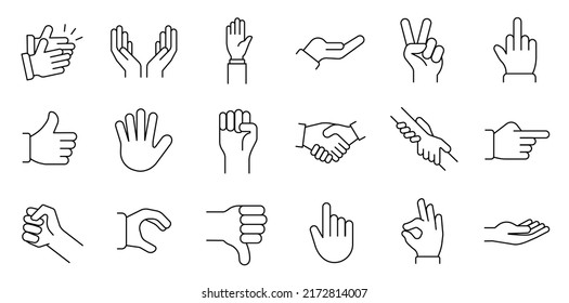 Gestos de mano conjunto de iconos de línea delgada mínimo. Ilustración vectorial simple