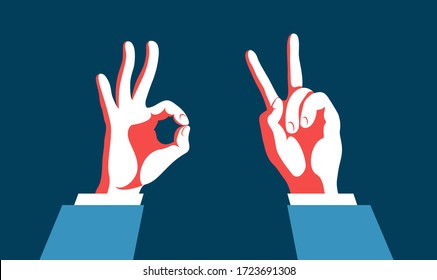 Hand gestures. Ok and victory signs. Vector illustration