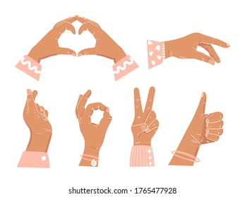 Hand gestures on an isolated background. Fashion illustration, flat style. Gestures: OK, love, heart, cool. Female hands. Communication hands on, discussion. Vector.