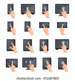 Hand gestures on touch digital devices flat colored isolated decorative icons collection vector illustration 