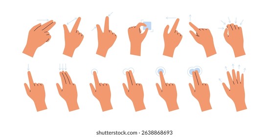 Hand gestures on touch screen devices, set. Fingers on touchscreen. Open, tap, zoom actions, swipe, pinch and click moves, rotate and drag. Flat vector illustration isolated on white background