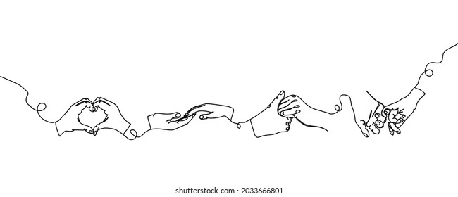 Hand gestures one line set art. Continuous line drawing of gesture, love, friendship, love, support, like.