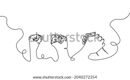 Hand gestures one line set art. Continuous line drawing of gesture, friendship, militancy, competition, victory.