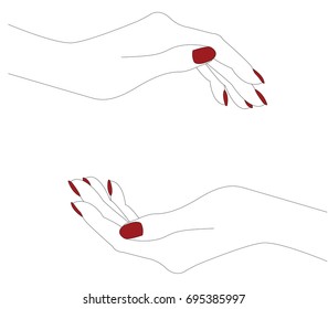 Hand gestures outline vector illustration. Women's girl's female palm drawing. Hand grab. Left hand and right hand. Hands forming circle.