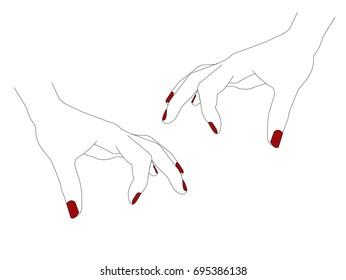 Hand gestures outline vector illustration. Women's girl's female palm drawing. Hand grab. Left hand and right hand.