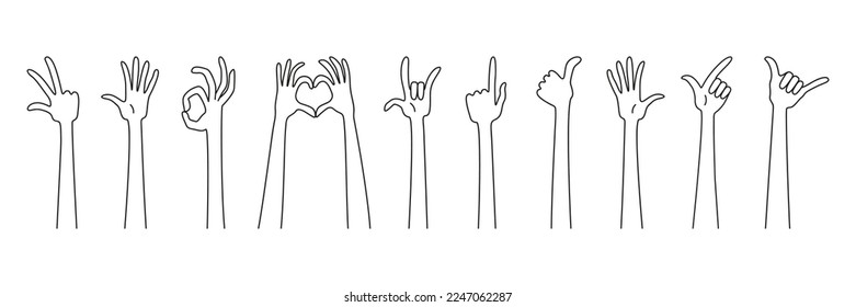 Hand gestures. Palm gesture, pointing hand, communication language, posture and gestures A set of hand gesture line icons.