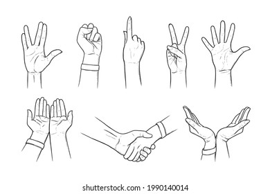 Hand gestures of peace, Vulcan greeting and salute. Handshakes, gestures asking for help and care in sketch style. Black vector illustration isolated in white background