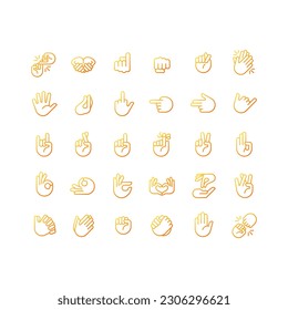 Hand gestures pixel perfect gradient linear vector icons set. Body language. Communication signals. Thin line contour symbol designs bundle. Isolated outline illustrations collection