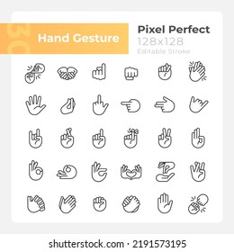 Hand gestures pixel perfect linear icons set. Body language. Communication. Customizable thin line symbols. Isolated vector outline illustrations. Editable stroke. Montserrat Bold, Light fonts used