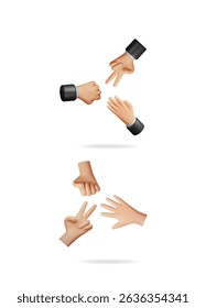 Gestos de mão jogando rock papel tesoura jogo. Grupo de mãos que tomam decisão impugnada. Coleção de ilustrações vetoriais 3d definida em fundo branco.