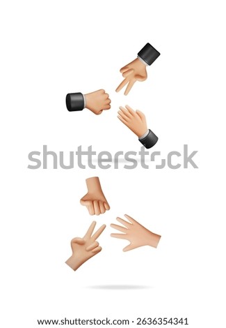 Hand gestures playing rock paper scissors game. Group of hands making decision challenge. 3d vector illustration collection set on white background.