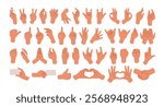 Hand gestures, poses set. Showing peace, victory, ok, thumb up and praying signs. Fist, pointing finger, palm, love heart, rock and handshake. Flat vector illustrations isolated on white background