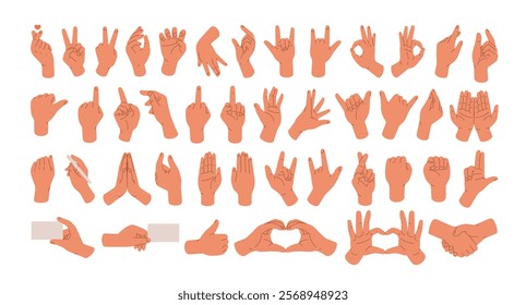 Hand gestures, poses set. Showing peace, victory, ok, thumb up and praying signs. Fist, pointing finger, palm, love heart, rock and handshake. Flat vector illustrations isolated on white background