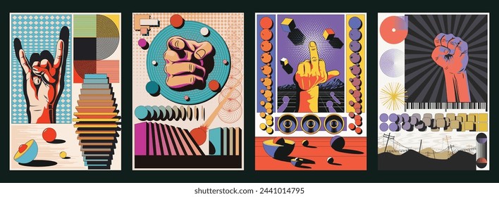 Hand Gestures Posters Template Set. Sign of the Horns, Forefinger, The Finger, Fist of Protest. Abstract Geometric Shapes Background, 1980s Style and Colors 