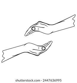 gestos de mano de protección, blindaje, nutrición, fuerza, energía, límites, tamaño Ilustración vectorial en blanco y negro