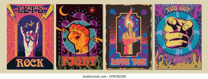 Hand Gestures And Psychedelic Style Backgrounds, 1960s - 1970s Rock Music Posters Style Illustrations 