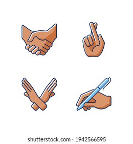 Hand gestures RGB color icons set. Business deal, handshake. Crossed arms and fingers. Images of hands of dark-skinned people. Body language. Mutually beneficial deal. Isolated vector illustrations