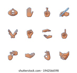 Hand gestures RGB color icons set. One finger - Pointing. Images of hands of dark-skinned people. Hand writing with pen. Counting on fingers. Okay gesture. Isolated vector illustrations
