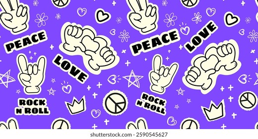 Hand gestures Seamless pattern in retro style, peace signs, love symbols, and rock and roll elements for trendy designs, background,textiles, wallpapers, digital .Vector illustration