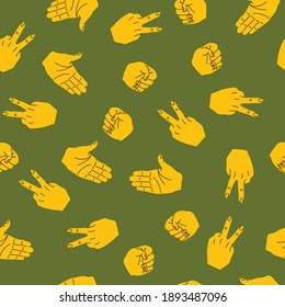 Hand gestures seamless pattern. Rock paper scissors game. Cute hand drawn vector flat cartoon style illustration. 