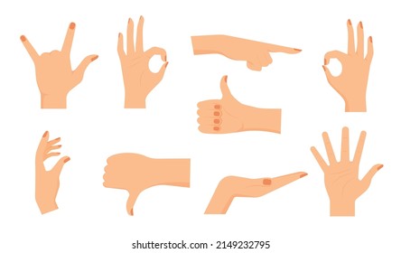 Se ponen gestos manuales. Colección de stickers para redes sociales, gestos y emociones. Elegantes punteros para sitio web, palma femenina. Ilustraciones de caricaturas de vectores planos aisladas en fondo blanco