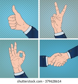 Hand Gestures Set in Comic Pop Art Style. Vector illustration