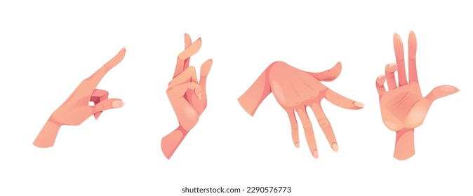 Hand gestures set. Female arm, palm with fingers in different poses. Icons of girl wrist with pointing forefinger, open palm, holding gesture isolated on white background, vector cartoon illustration