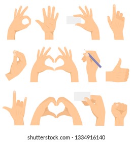 Hand gestures set. Hands make a gesture. Shows OK, heart, thumb up, horns, fist, index finger, holds business card and a pencil. Isolated vector illustration