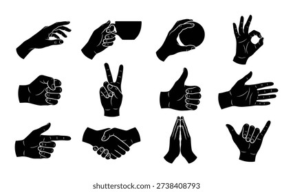 Hand gestures set. Holding object, pointing, love, okay, thumb, palm, peace, praying, hang loose. Vector graphic design elements.