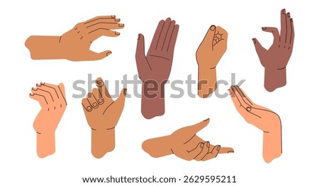 Hand gestures set, human non verbal communication and interaction. Vector cognition and language development of deaf people. Giving or taking. Showing and expressing satisfaction with arm gesturing