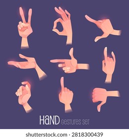 Hand gestures set. Human palm in different positions gesturing, show direction, victory, ok thumb down pointing express emotions with fingers isolated on purple background Cartoon vector illustration.