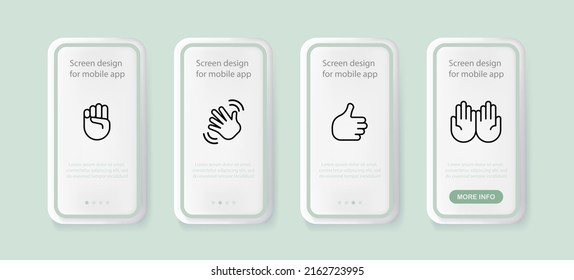 Icono de conjunto de gestos manuales. Puño, mano de ola, aguanta, como, aplaude. Concepto de comunicación no verbal. pantallas de aplicación de teléfono de interfaz de usuario. Icono de línea de vector para negocios y publicidad.