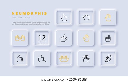 Icono de conjunto de gestos manuales. Índice de dedo, puño, sordo, saludo, pulgar arriba, saludando, arriba, abajo. Gestos para el concepto de sordos. Estilo neomorfista. Icono de línea de vector para negocios y publicidad