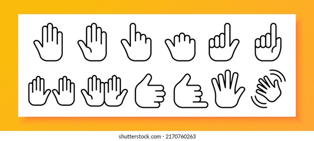 Hand gestures set icon. Index finger, fist, cool, deafmute, respect, salute, thumb up, waving, up, down. Gestures for the deaf concept. Vector line icon for Business and Advertising