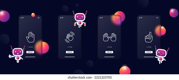 Hand gestures set icon. Index finger, fist, cool, deafmute, respect, salute, thumb up, waving, down. Gestures for the deaf concept. Glassmorphism. UI phone app screens