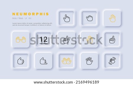 Hand gestures set icon. Index finger, fist, deafmute, salute, thumb up, waving, up, down. Gestures for the deaf concept. Neomorphism style. Vector line icon for Business and Advertising