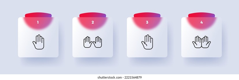 Hand gestures set icon. Non verbal, Greeting, hands, open book, peace, wave, stop, deaf and dumb, sign language, society, illness, disability. Communication concept. Glassmorphism style