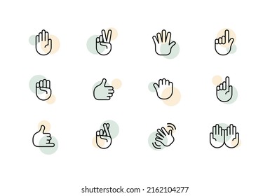 Hand gestures set icon. Stop, two, win, high five, point, index, fist, like, thumbs up, fingers crossed, call me, wave. Non verbal communication concept. Vector line icon for Business and Advertising.