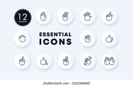 Hand Gestures Set Icon. Wave, Hello, Win, Point, Super, Like, Call Me, Fingers Crossed. Non Verbal Communication Concept. Neomorphism Style. Vector Line Icon For Business And Advertising.