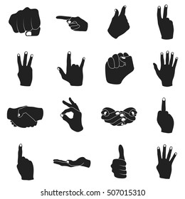 Hand gestures set icons in black style. Big collection hand gestures vector symbol stock