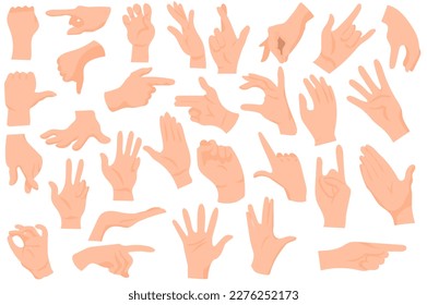 Hand gestures set icons concept in the flat cartoon design. Images of hand gestures that people use to communicate without words. Vector illustration.